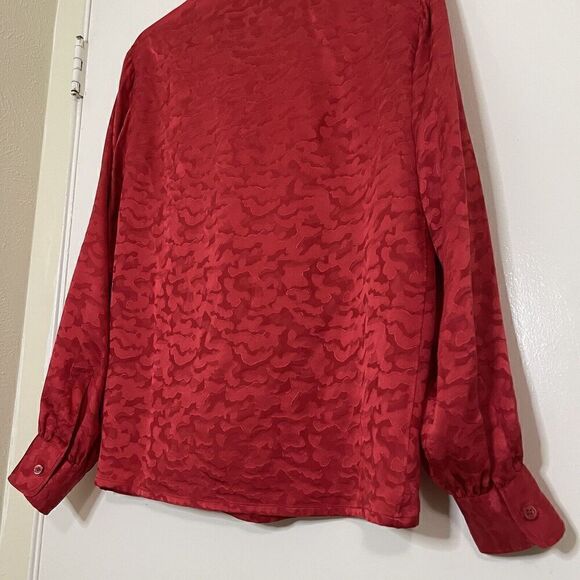 Vintage 1970 Yves Saint Laurent Rive Gauche Red silk button front bow blouse 36 - Picture 8 of 9